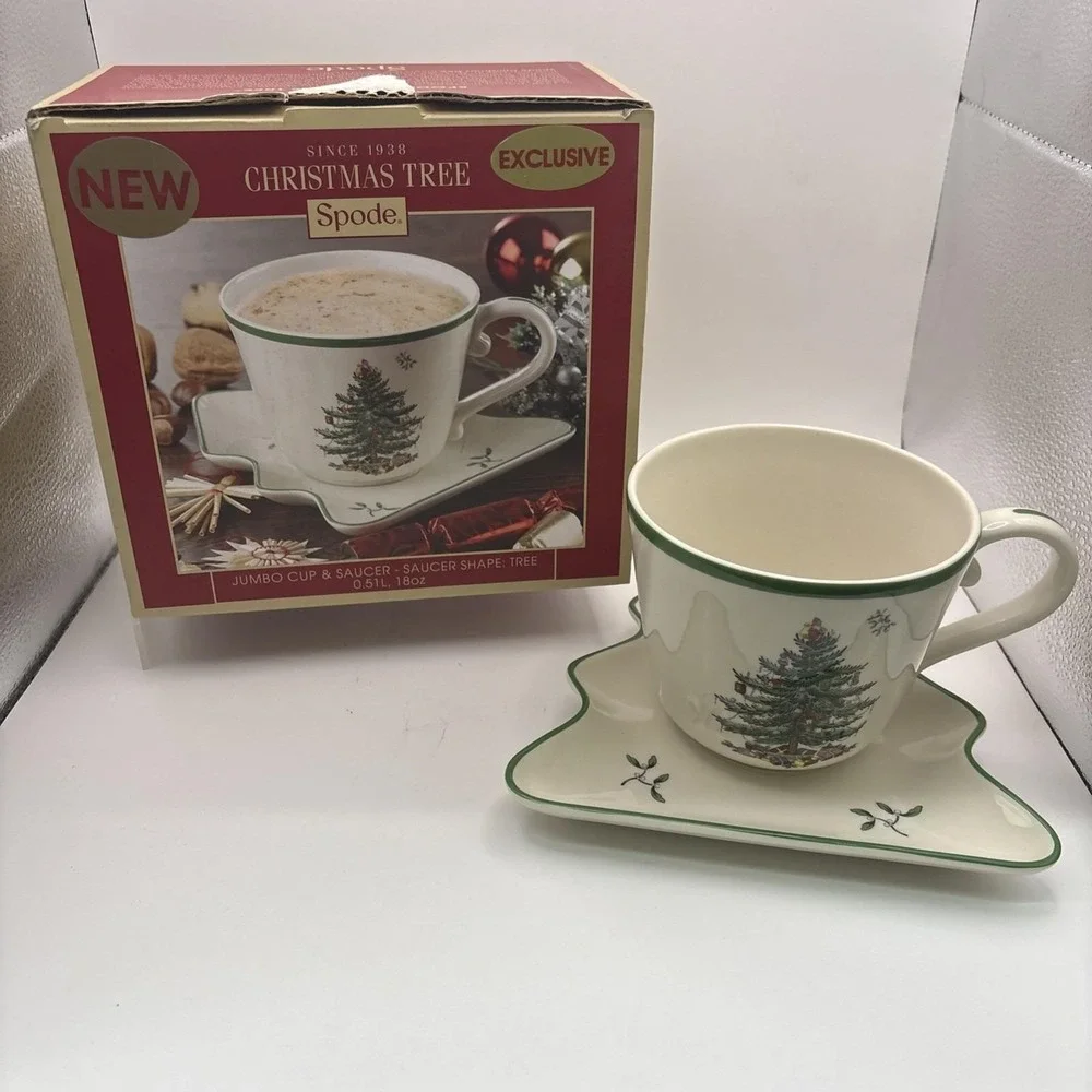 Spode~Christmas Tree~Jumbo Cup & Saucer~Saucer Tree Shape~18oz~IOB